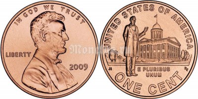 Монета США 1 цент 2009 года учеба в штате Иллинойс (1830-1861) 200-летие со дня рождения президента Авраама Линкольна и 100-летие первого выпуска цента Линкольна