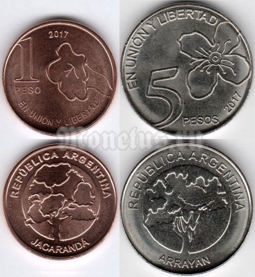 Аргентина набор из 2-х монет 1 и 5 песо 2017 год - деревья Аргентины - Арраян/ Миртовое дерево и Жакаранда/Фиалковое дерево