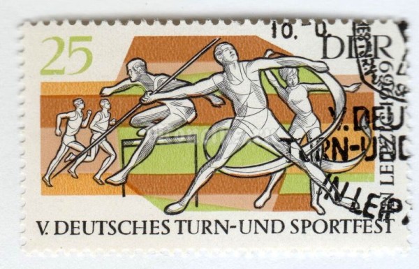 марка ГДР 25 пфенниг "Flag Waver, Athletes" 1969 год Гашение