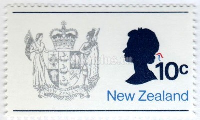 марка Новая Зеландия 10 центов "National emblem of New Zealand, Queen Elizabeth II" 1974 год