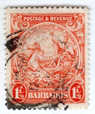 марка Барбадос 1 1/2 пенни "***Seal of the Colony - Postage & Revenue***" 1933 год Гашение