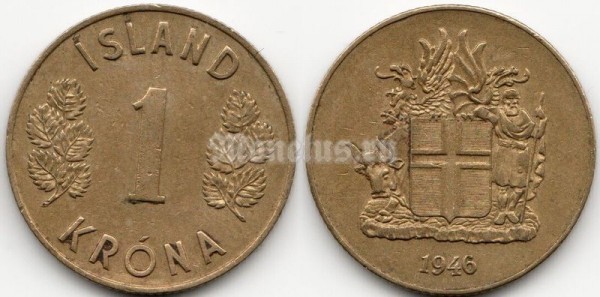 монета Исландия 1 крона 1946 год