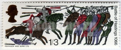 марка Великобритания 1/3 шиллинга "Norman Horsemen attacking Harold's Troops" 1966 год 