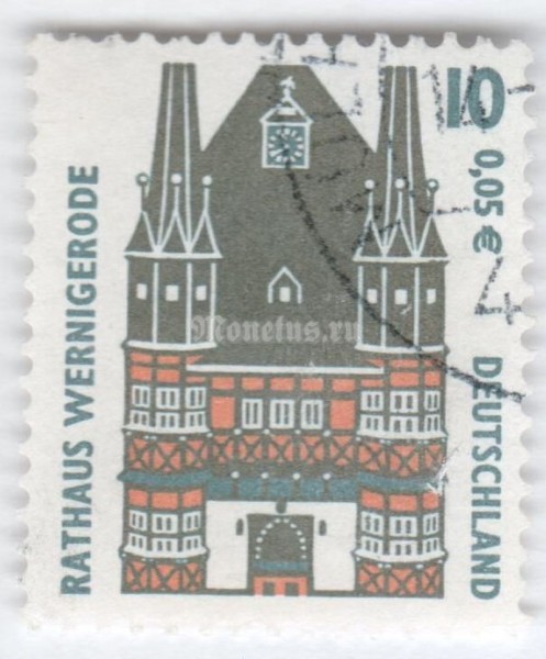 марка ФРГ 10 пфенниг "Townhall, Wernigerode" 2000 год Гашение