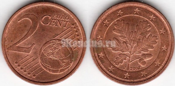 монета Германия 2 евроцента 2002 год J