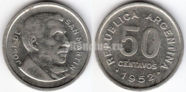 монета Аргентина 50 сентаво 1952 год