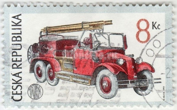 марка Чехия 8 крон "Fire truck TATRA" 1997 год гашение