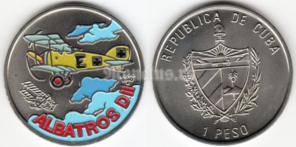 монета Куба 1 песо 1994 год Известные самолёты - Albatros D.II. Цветная эмаль