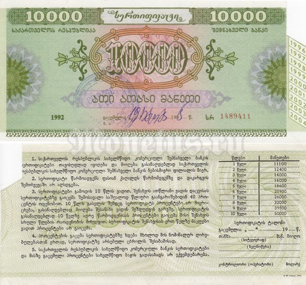 Грузия Сертификат на 10 000 рублей 1992 год