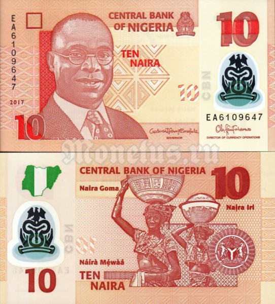 Банкнота Нигерия 10 найра 2017 год, пластик