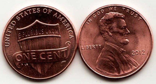 монета США 1 цент 2012 год