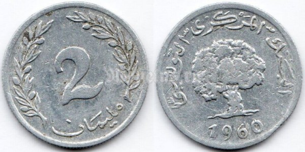Монета Тунис 2 миллима 1960 год
