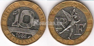 монета Франция 10 франков 1988 годы Гений свободы — фрагмент Июльской колонны на площади Бастилии