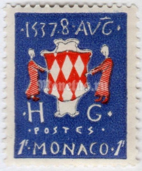марка Монако 1 франк "Coat of arms" 1954 год
