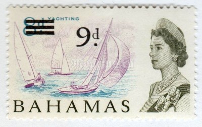марка Багамские острова 9 пенни "Queen Elizabeth II and Views- Yachting, surch" 1965 год