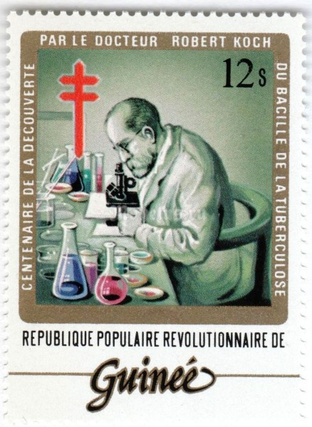 марка Гвинея 12 сули "Dr. Robert Koch (1843-1910) TB Bacillus" 1963 год