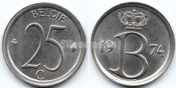 монета Бельгия 25 сантимов 1974 год BELGIE