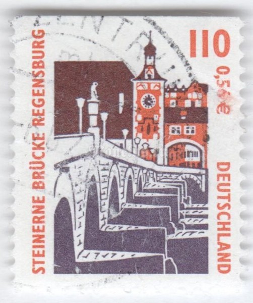 марка ФРГ 110 пфенниг "Stone bridge, Regensburg" 2000 год Гашение