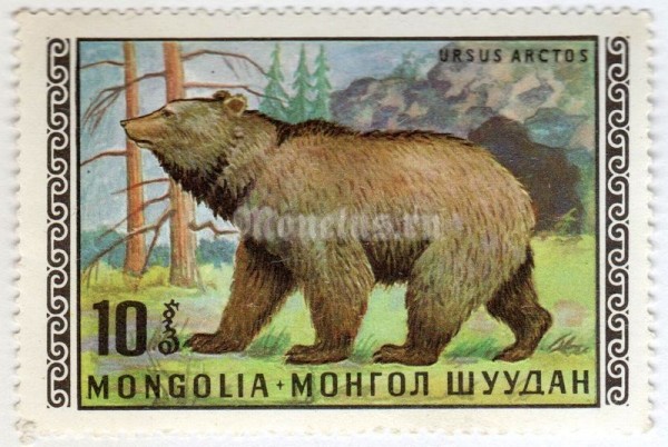 марка Монголия 10 монго "Brown Bear (Ursus arctos)" 1970 год