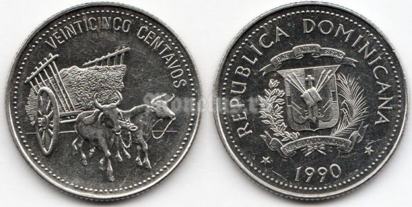 монета Доминикана 25 сентаво 1990 год