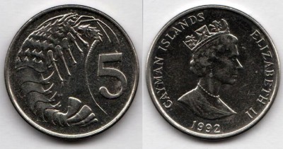 монета Каймановы острова 5 центов 1992 год Креветка