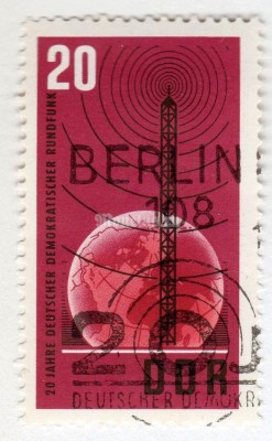 марка ГДР 20 пфенниг " Transmitter mast in front of globe" 1965 год Гашение