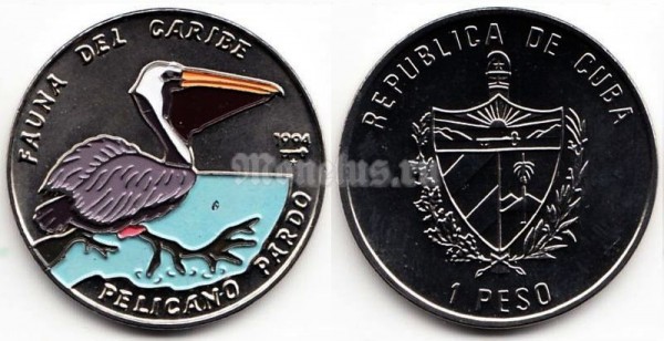 монета Куба 1 песо 1994 год Карибская фауна - Американский бурый пеликан (Pelecanus occidentalis). Цветная эмаль