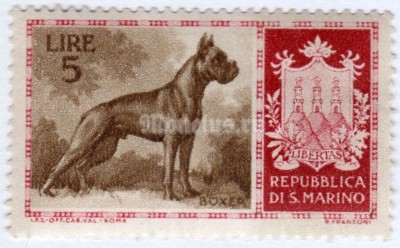 марка Сан-Марино 5 лир "German Boxer (Canis lupus familiaris)" 1956 год