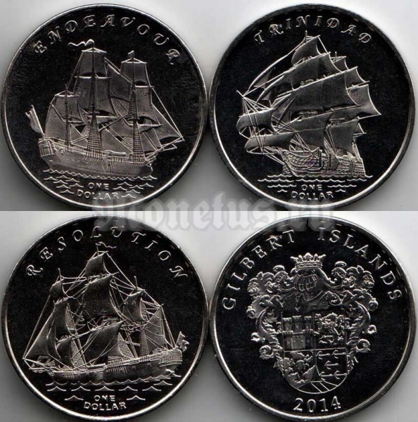 Острова Гилберта (Кирибати) набор из 3-х монет 1 доллар 2014 год "Знаменитые Парусники" Индевор, Тринидад, Резолюшн