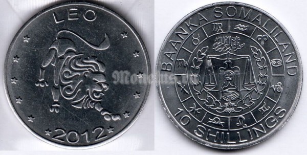 монета Сомалиленд 10 шиллингов 2012 год серия Знаки зодиака - лев