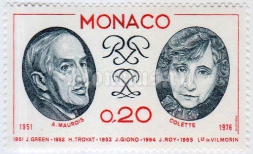марка Монако 0,20 франка "André Maurois (1885-1967), Sidonie Gabrielle Colette (1873-1" 1976 год