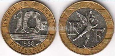монета Франция 10 франков 1989 годы Гений свободы — фрагмент Июльской колонны на площади Бастилии