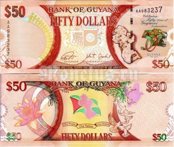 Банкнота Гайана 50 долларов 2016 год - 50 лет Независимости