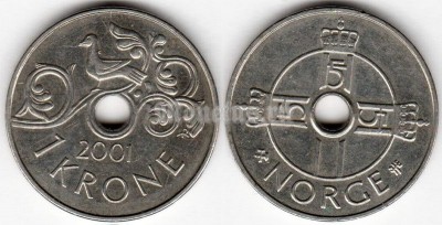 монета Норвегия 1 крона 2001 год