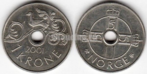 монета Норвегия 1 крона 2001 год