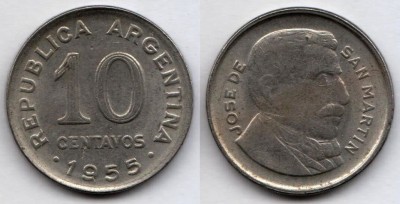 монета Аргентина 10 сентаво 1955 год