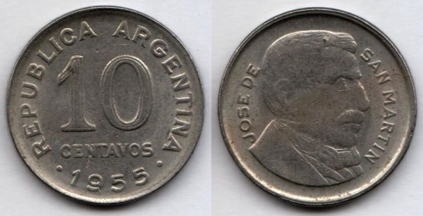 монета Аргентина 10 сентаво 1955 год