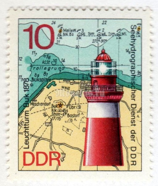 марка ГДР 10 пфенниг "Buk Lighthouse, 1878" 1974 год