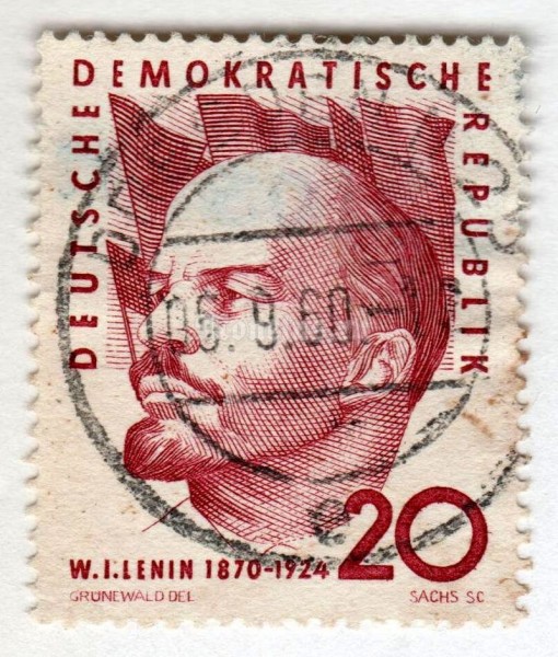марка ГДР 20 пфенниг "Vladimir Lenin (1870-1924)" 1960 год Гашение