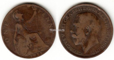 монета Великобритания 1 пенни 1911 год