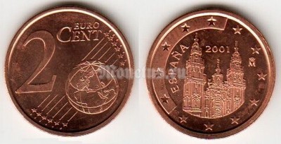 монета Испания 2 евро цента 2001 год