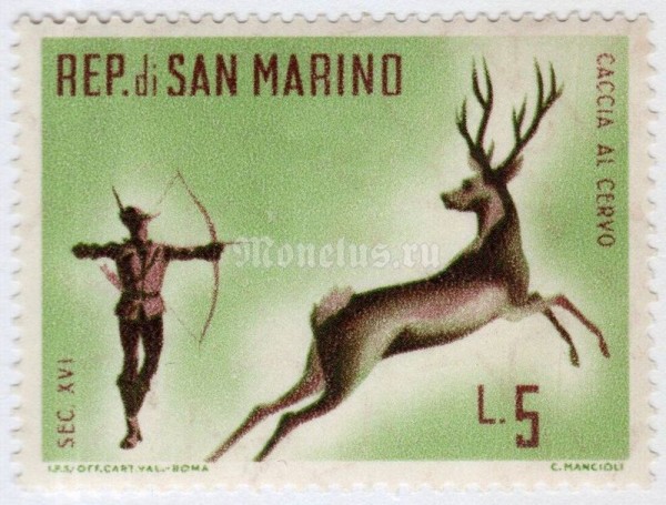 марка Сан-Марино 5 лир "Deer hunting" 1961 год