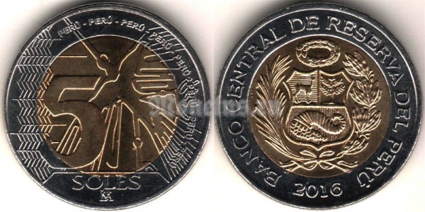 монета Перу 5 солей 2016 год