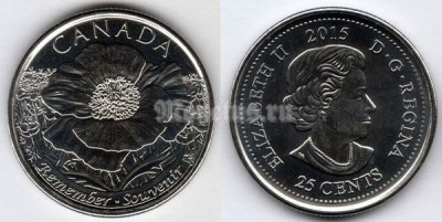 монета Канада 25 центов 2015 год - 100 лет стихотворению На полях Фландрии
