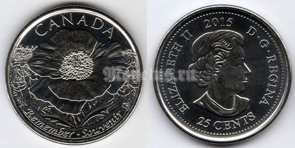 монета Канада 25 центов 2015 год - 100 лет стихотворению На полях Фландрии