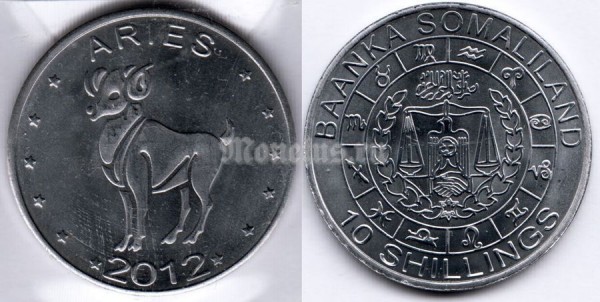 монета Сомалиленд 10 шиллингов 2012 год серия Знаки зодиака - овен