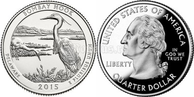 монета США 25 центов 2015 год штат Делавэр, Национальное убежище Бомбай-Хук, 29-й