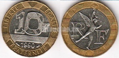 монета Франция 10 франков 1990 годы Гений свободы — фрагмент Июльской колонны на площади Бастилии