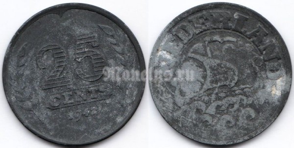 монета Нидерланды 25 центов 1942 год