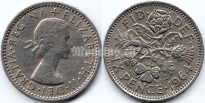 монета Великобритания 6 пенсов 1964 год